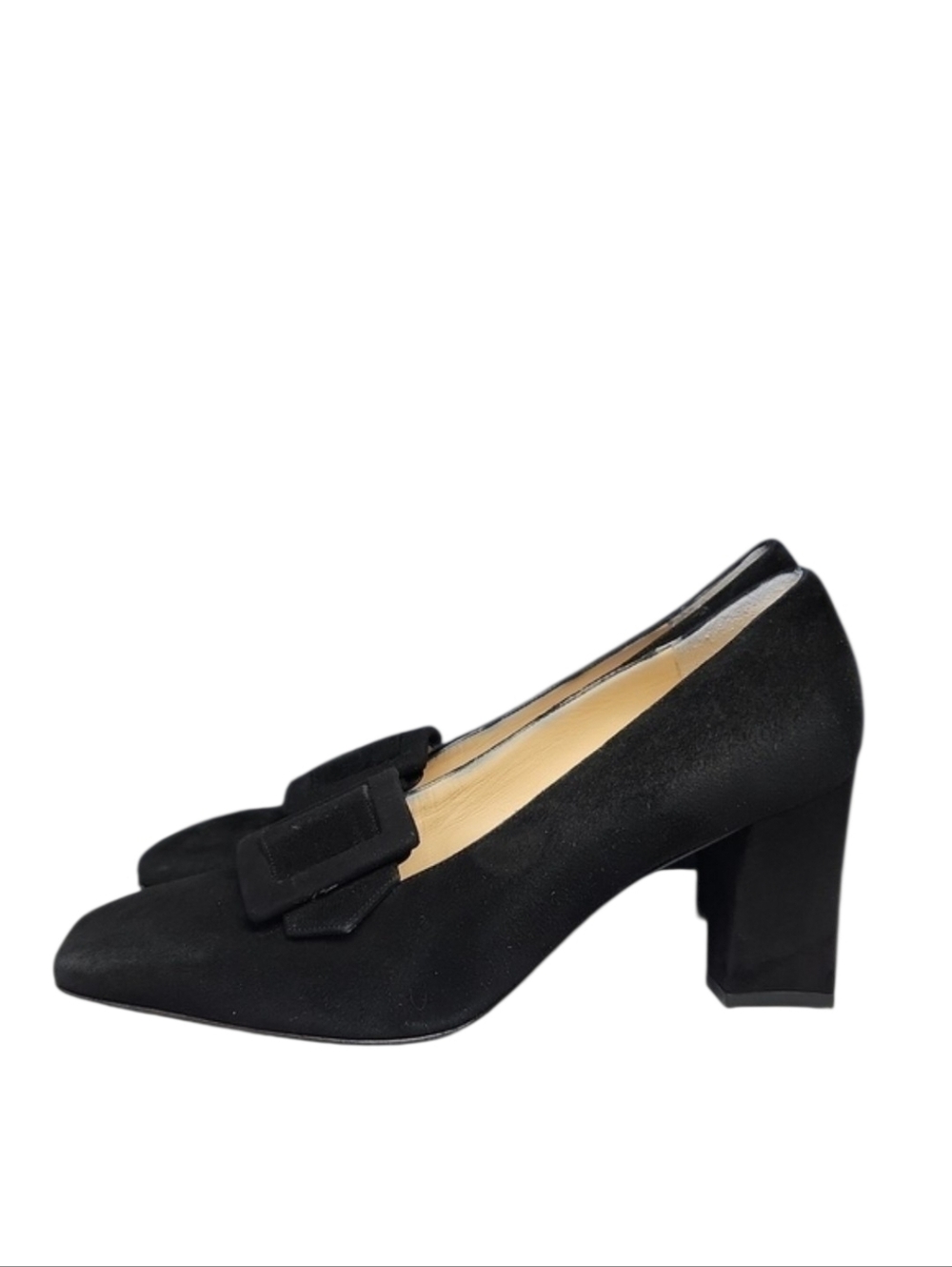 Black Block Heel Pumps with Decorative Bow
